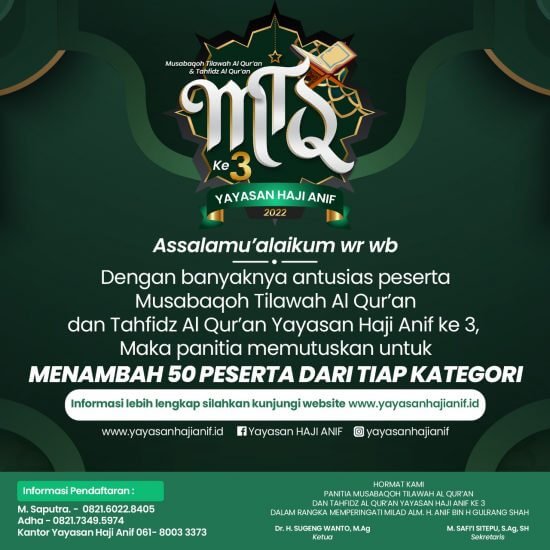 Penambahan Kuota Baru MTQ YHA-3 Tahun 2022