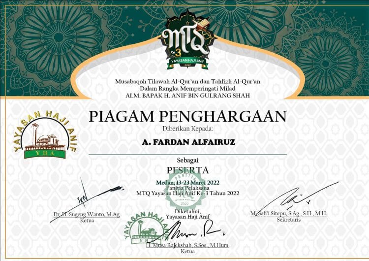Sertifikat Peserta MTQ YHA Ke-3 Tahun 2022