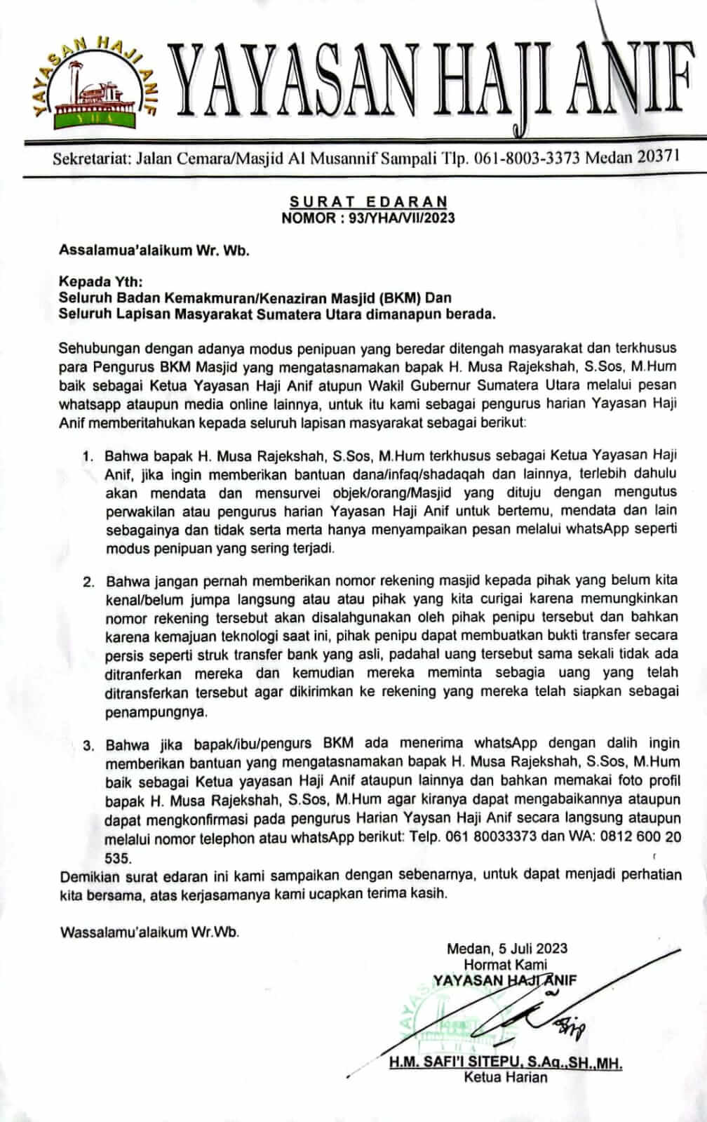 Waspada Penipuan Mengatas Namakan Bp. H. Musa Rajekshah (Ketua Yayasan Haji Anif) Via Online