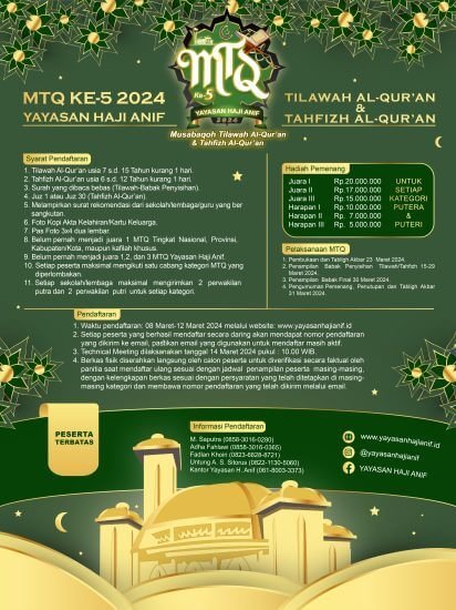 PENDAFTARAN MTQ YAYASAN HAJI ANIF KE-5 TAHUN 2024 AKAN SEGERA DIBUKA